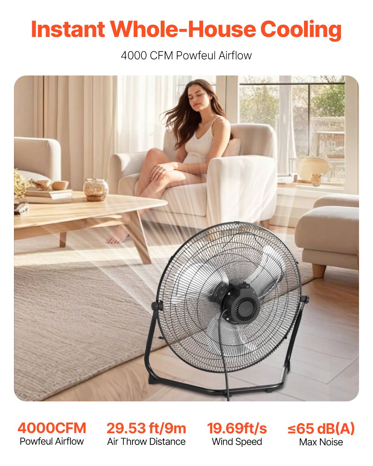VEVOR Ventilateur sol, 3 vitesses, métal 450 mm, inclinaison 360°, 6 m/s. - Image 2