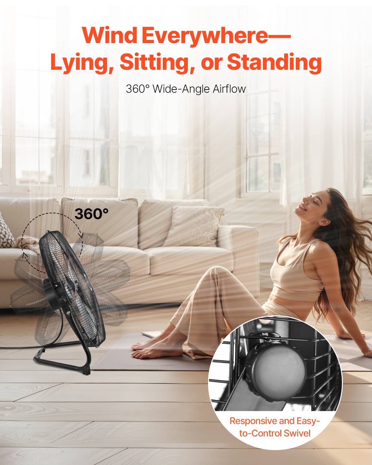 VEVOR Ventilateur sol, 3 vitesses, métal 450 mm, inclinaison 360°, 6 m/s. - Image 5
