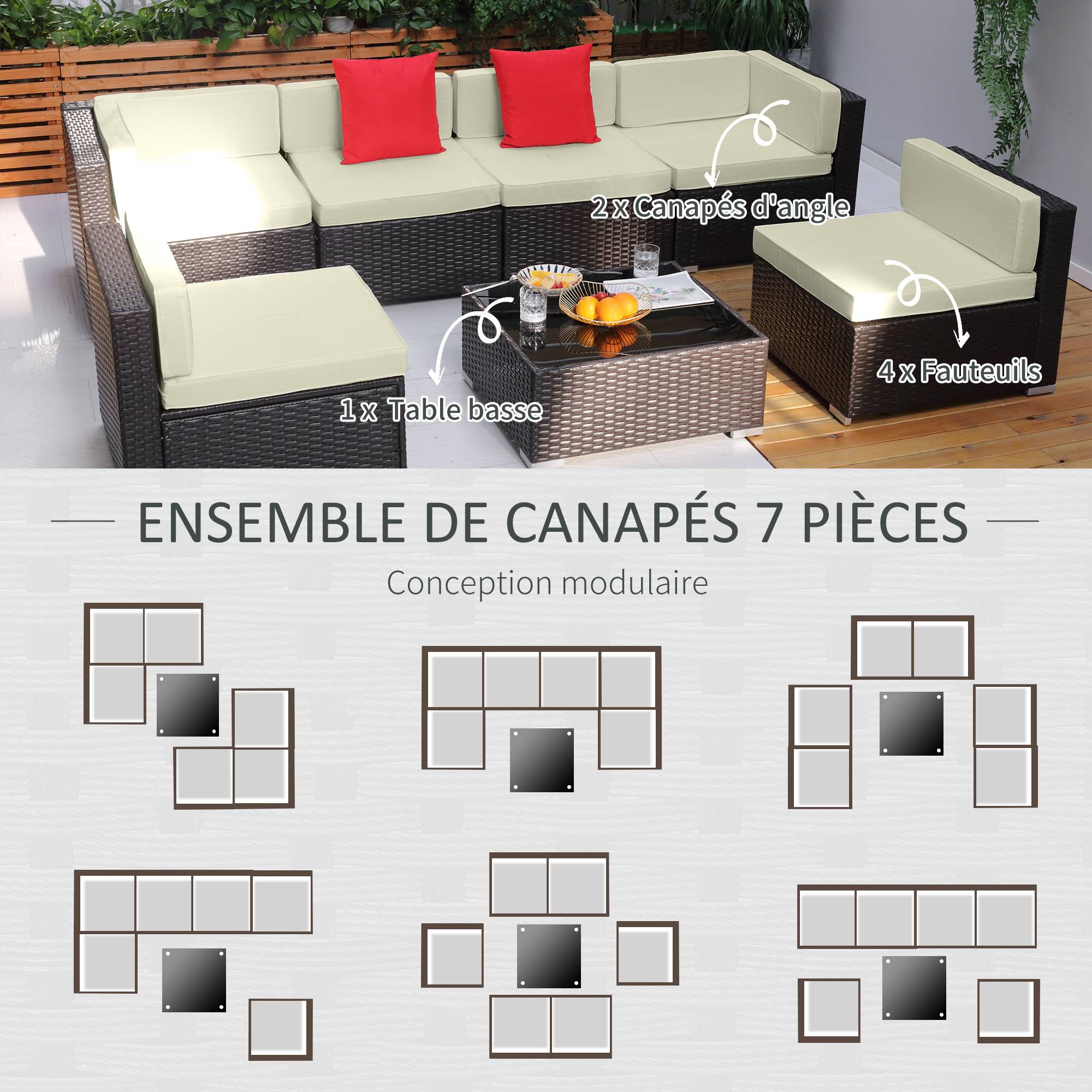 Outsunny - Ensemble salon de jardin 7 pcs modulables table basse plateau verre trempé coussins déhoussables résine tressée imitation rotin brun foncé - Outsunny - Image 6