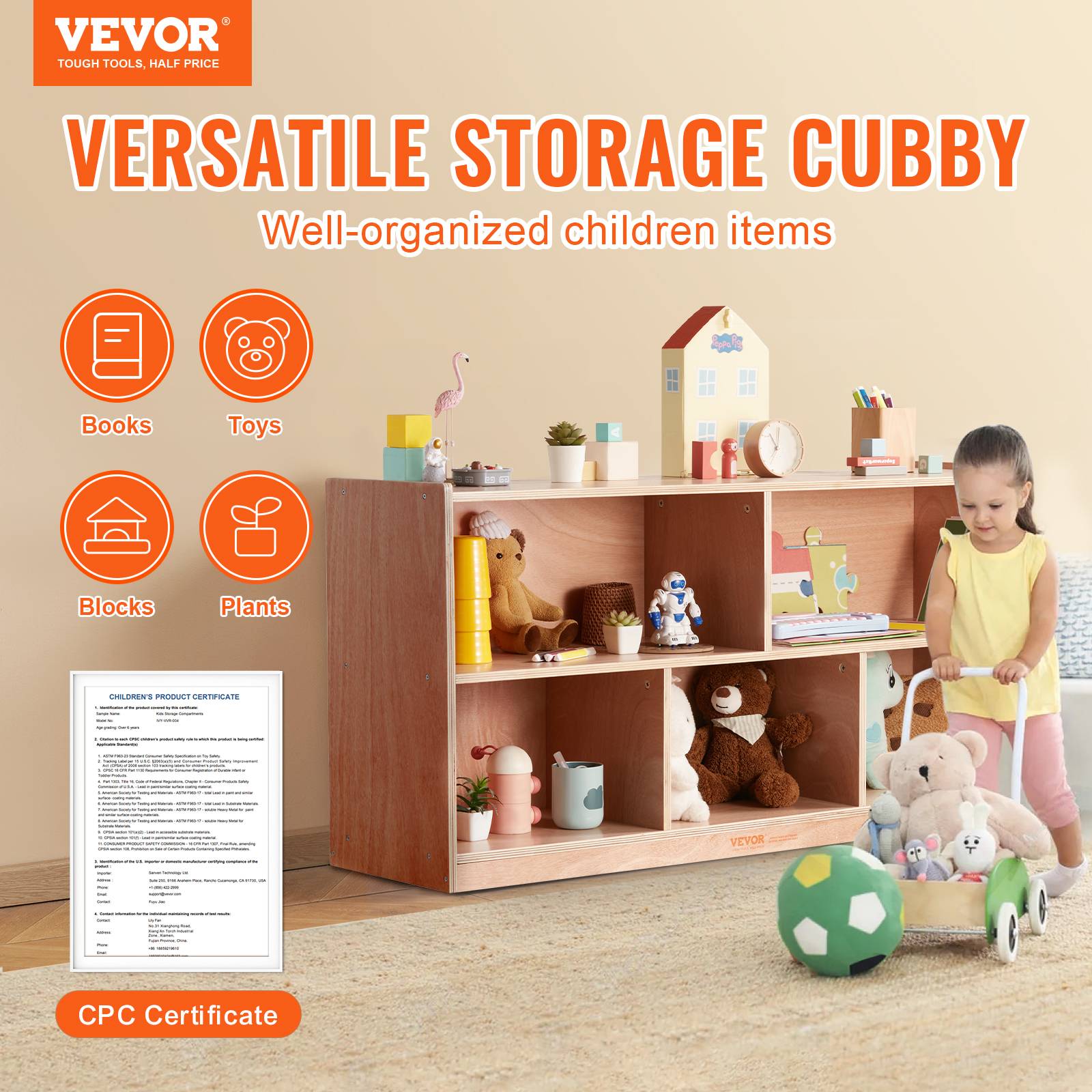 VEVOR Meuble rangement enfants 2 niveaux, bibliothèque 5 cases, mobile. - Image 2