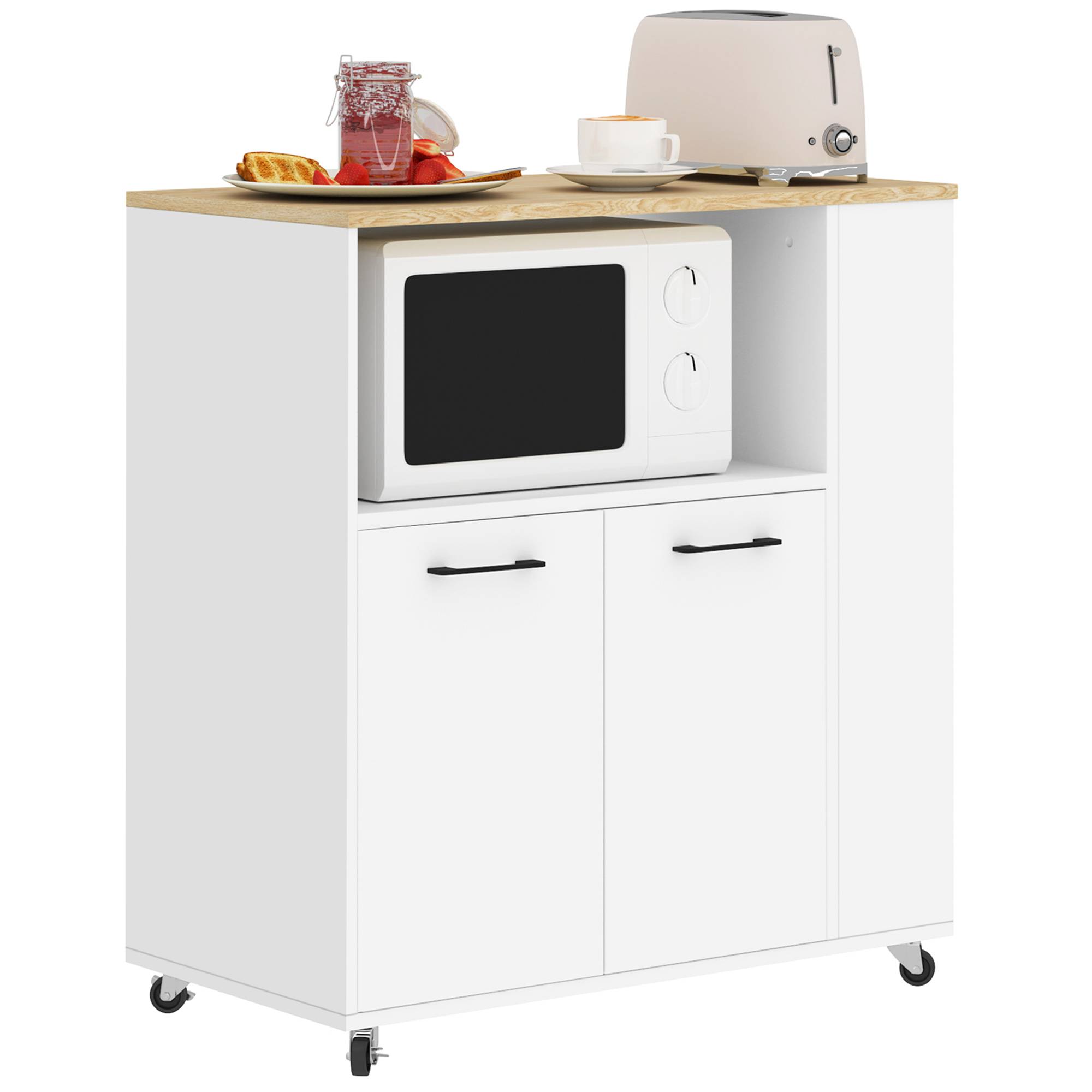 Desserte de cuisine à roulettes, Îlot central cuisine avec plan de travail et étagère réglable, 75x40x80,5cm, blanc - Image 2