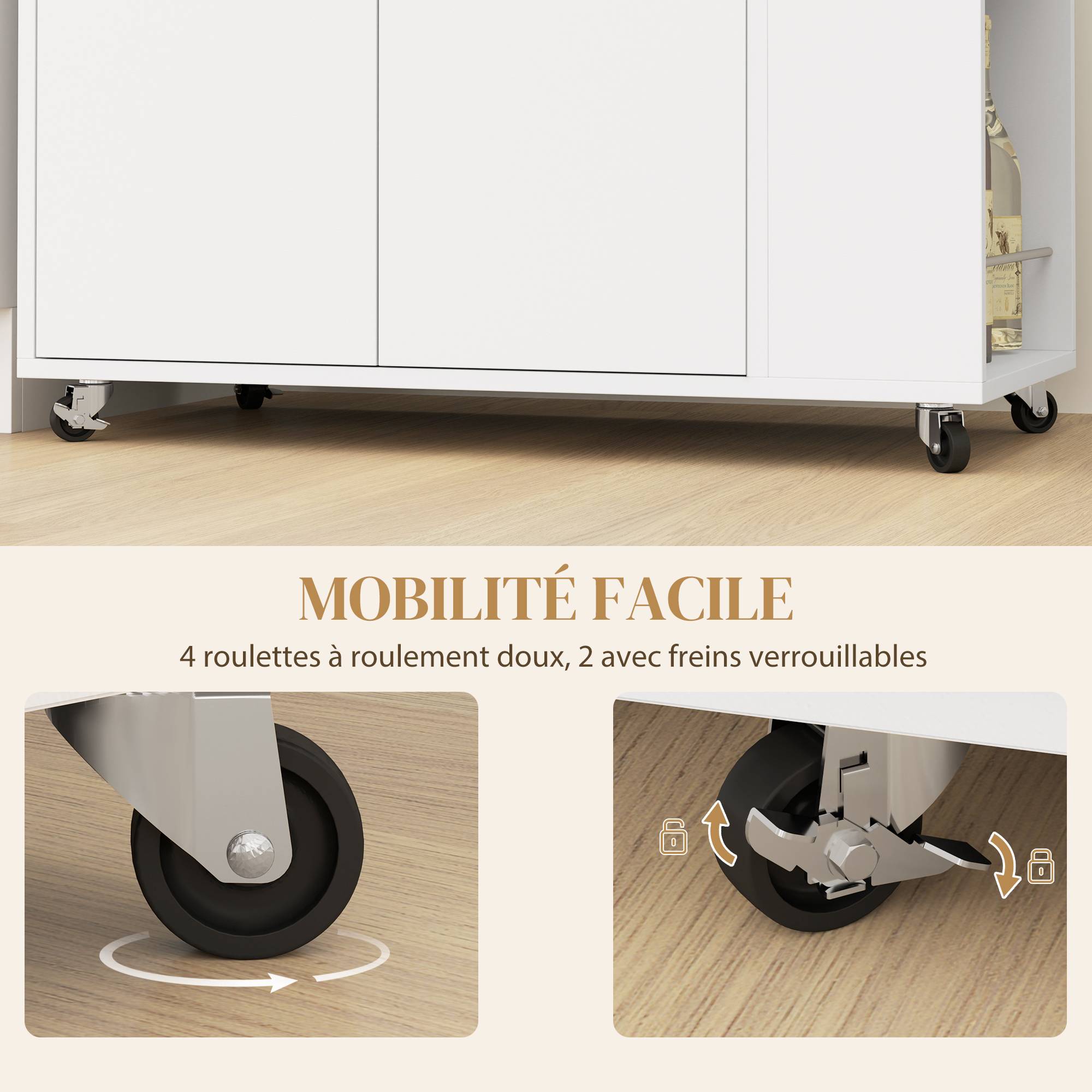 Desserte de cuisine à roulettes, Îlot central cuisine avec plan de travail et étagère réglable, 75x40x80,5cm, blanc - Image 9