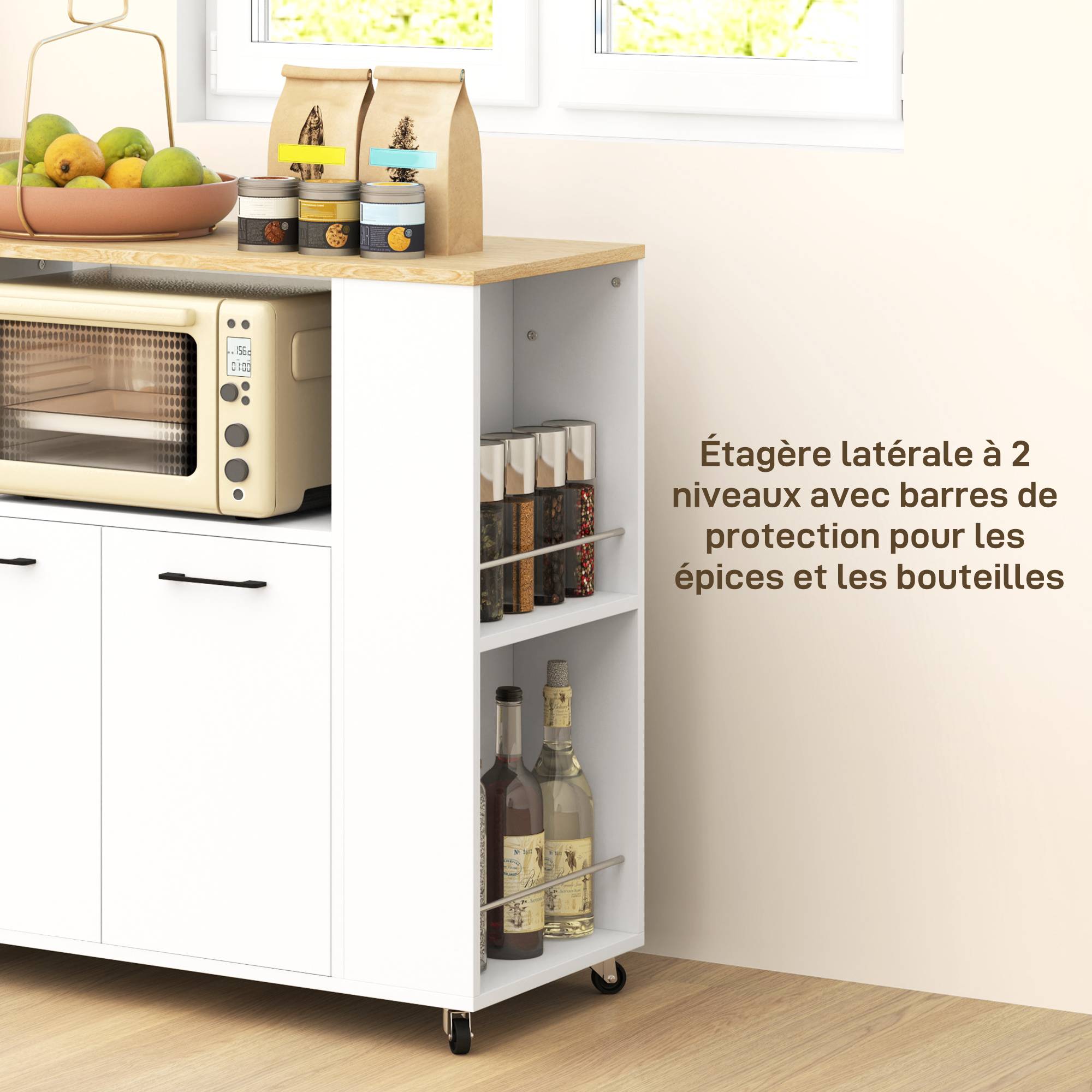 Desserte de cuisine à roulettes, Îlot central cuisine avec plan de travail et étagère réglable, 75x40x80,5cm, blanc - Image 7