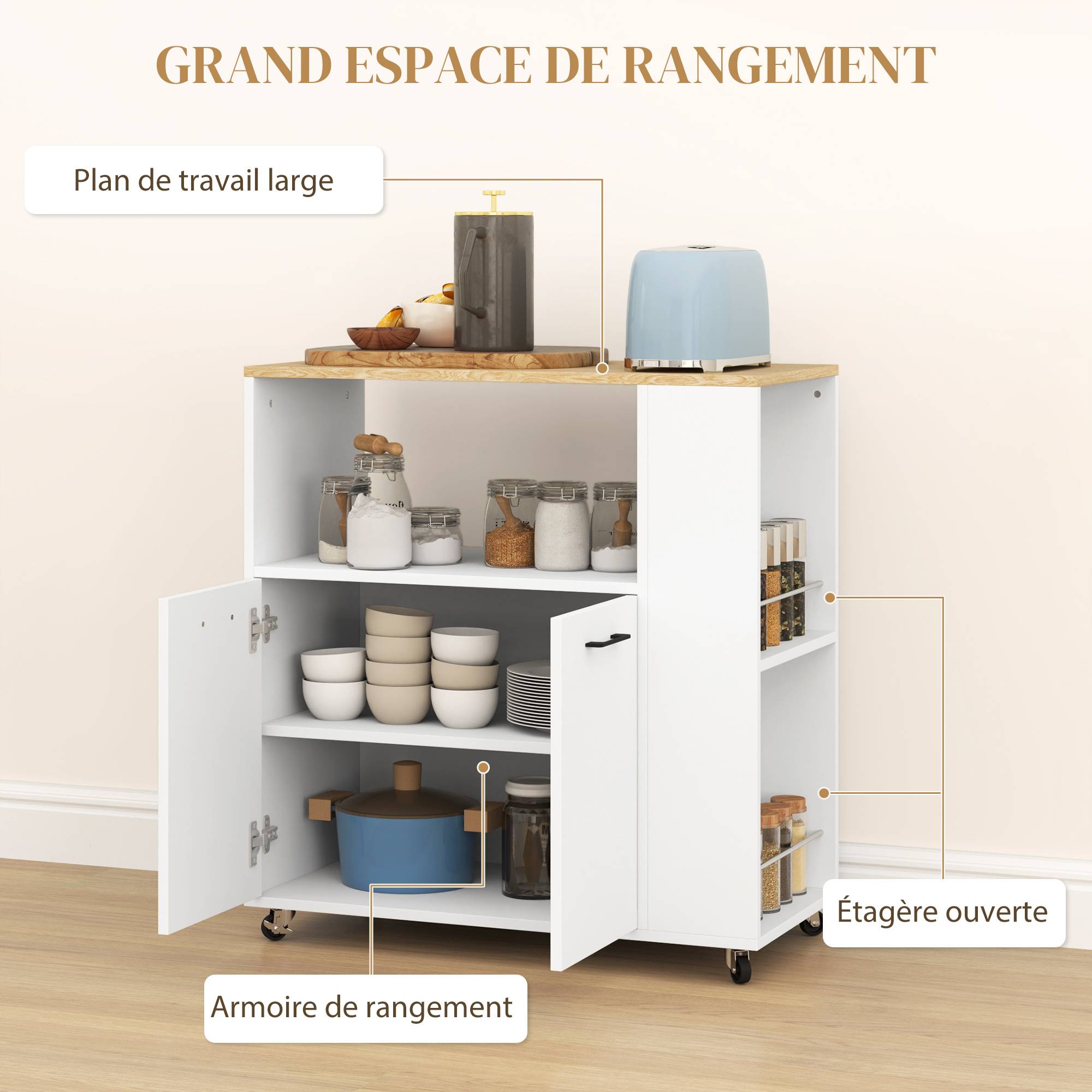 Desserte de cuisine à roulettes, Îlot central cuisine avec plan de travail et étagère réglable, 75x40x80,5cm, blanc - Image 6