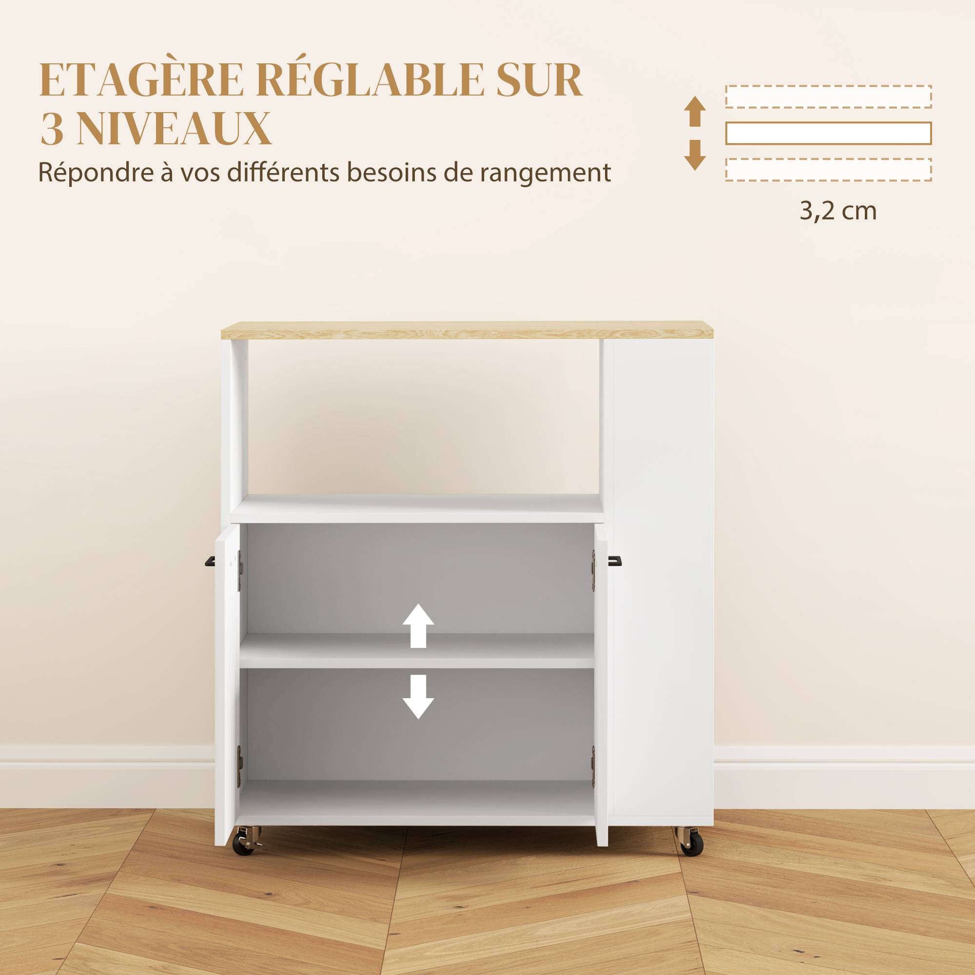 Desserte de cuisine à roulettes, Îlot central cuisine avec plan de travail et étagère réglable, 75x40x80,5cm, blanc - Image 8