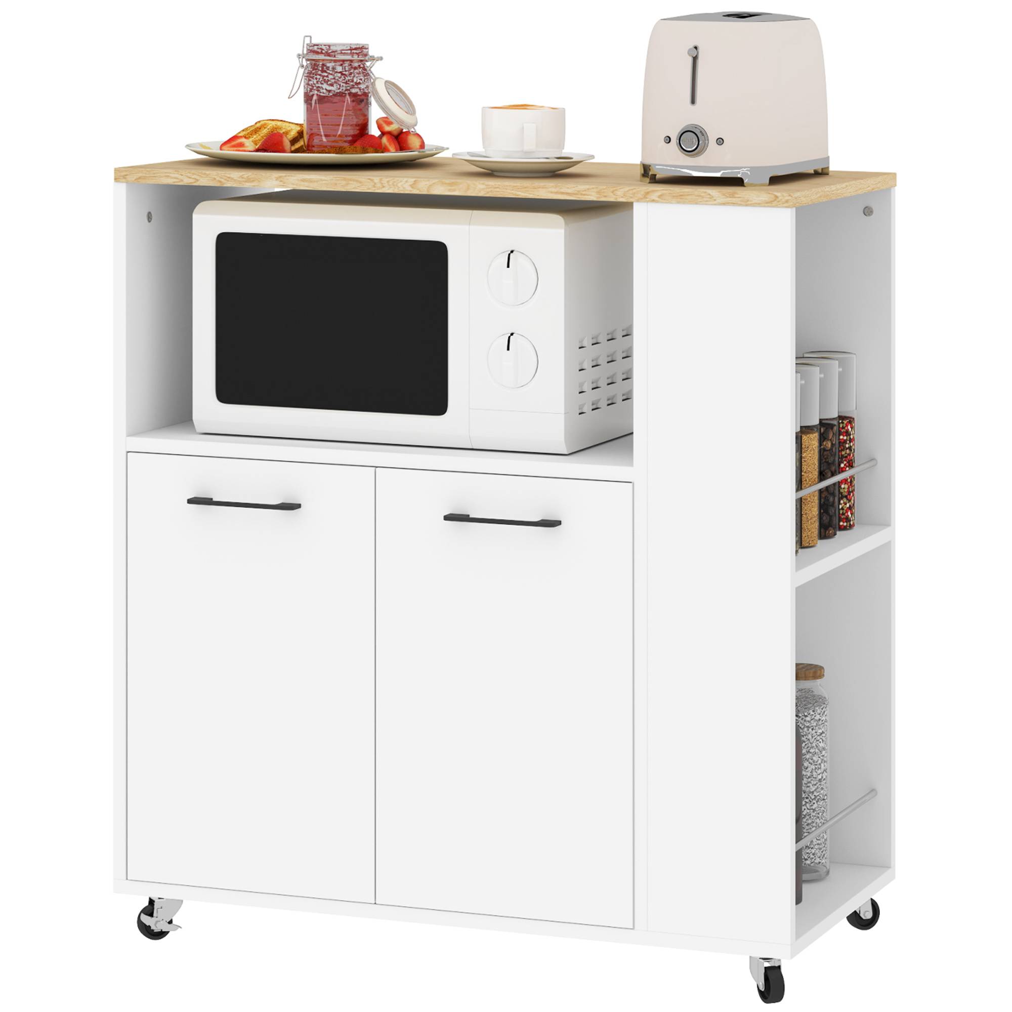 Desserte de cuisine à roulettes, Îlot central cuisine avec plan de travail et étagère réglable, 75x40x80,5cm, blanc - Image 1