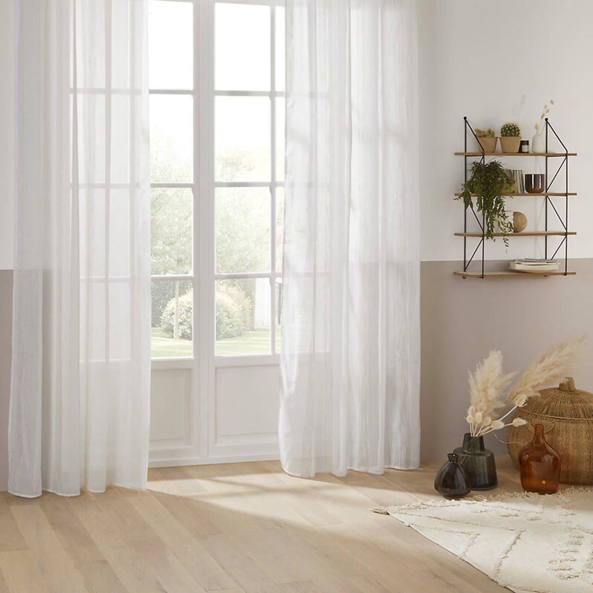 Voilage à œillets Blanc avec de larges rayures Beige Lin 140 x 240 cm - Imagen 2
