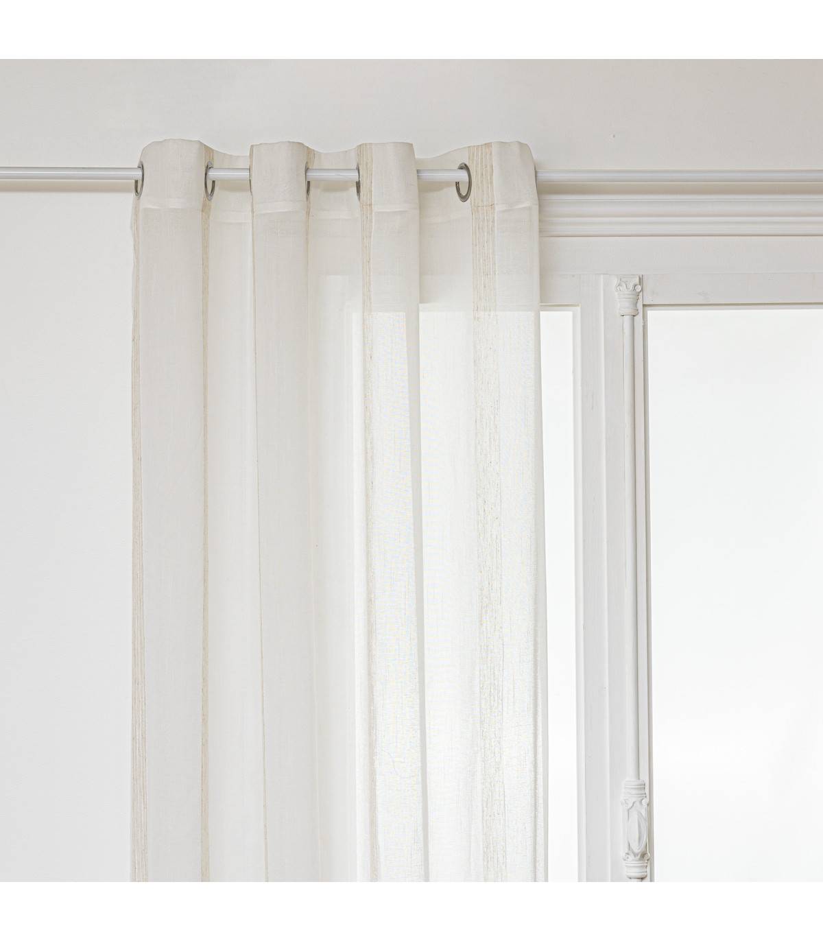 Voilage à œillets Blanc avec de larges rayures Beige Lin 140 x 240 cm - Imagen 1