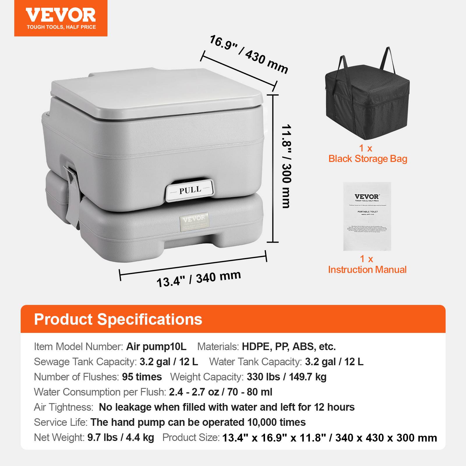 VEVOR Toilette portable chasse eau, 12 L matières, 12 L eau. Bouton-poussoir. - Image 7