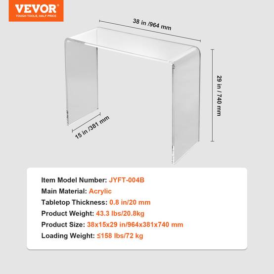 VEVOR Table console acrylique transparent, 964x381x740 mm, charge 50 kg. Salon, chambre, terrasse. - Image 7