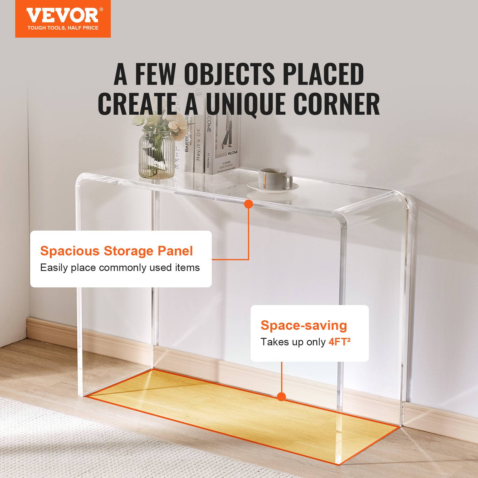 VEVOR Table console acrylique transparent, 964x381x740 mm, charge 50 kg. Salon, chambre, terrasse. - Image 2