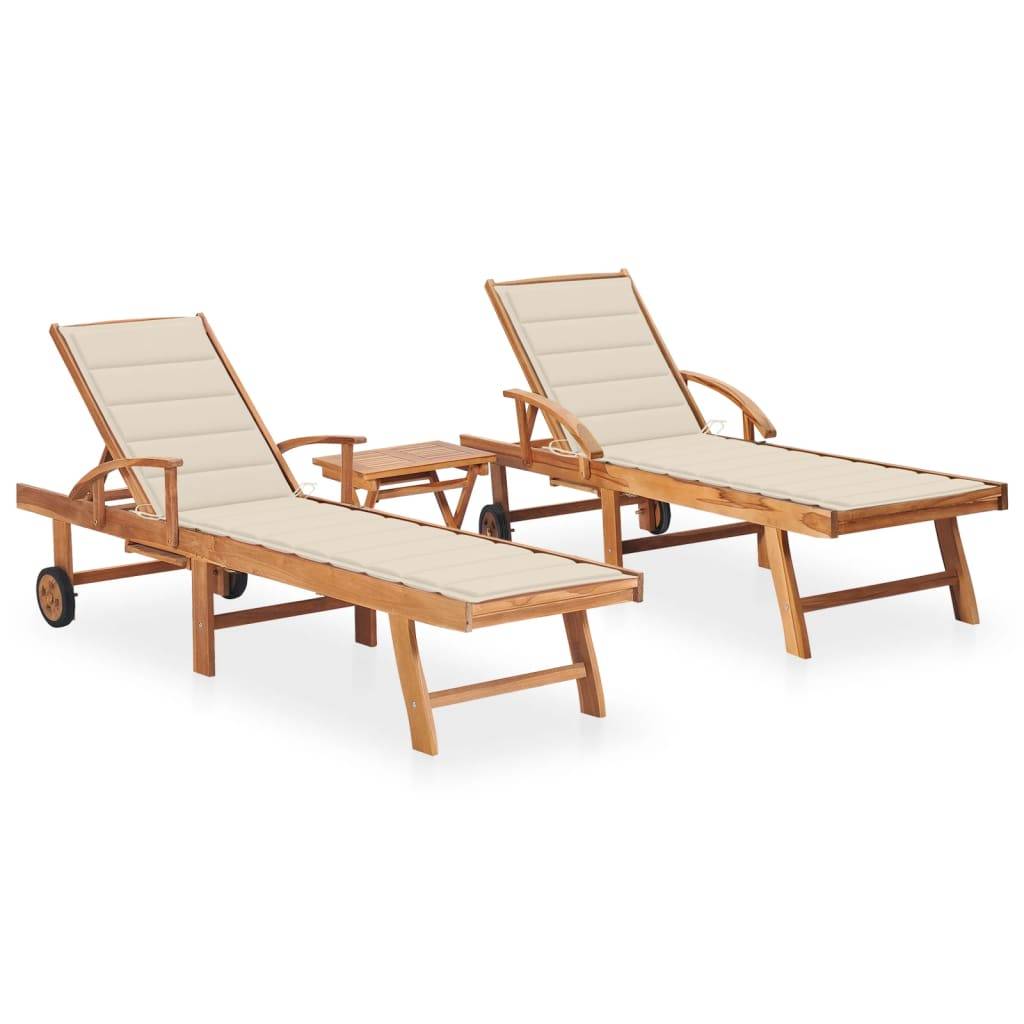 Helloshop26 - Lot de 2 transats chaise longue bain de soleil lit de jardin terrasse meuble d'extérieur avec table et coussin bois de teck solide - Imagen 1