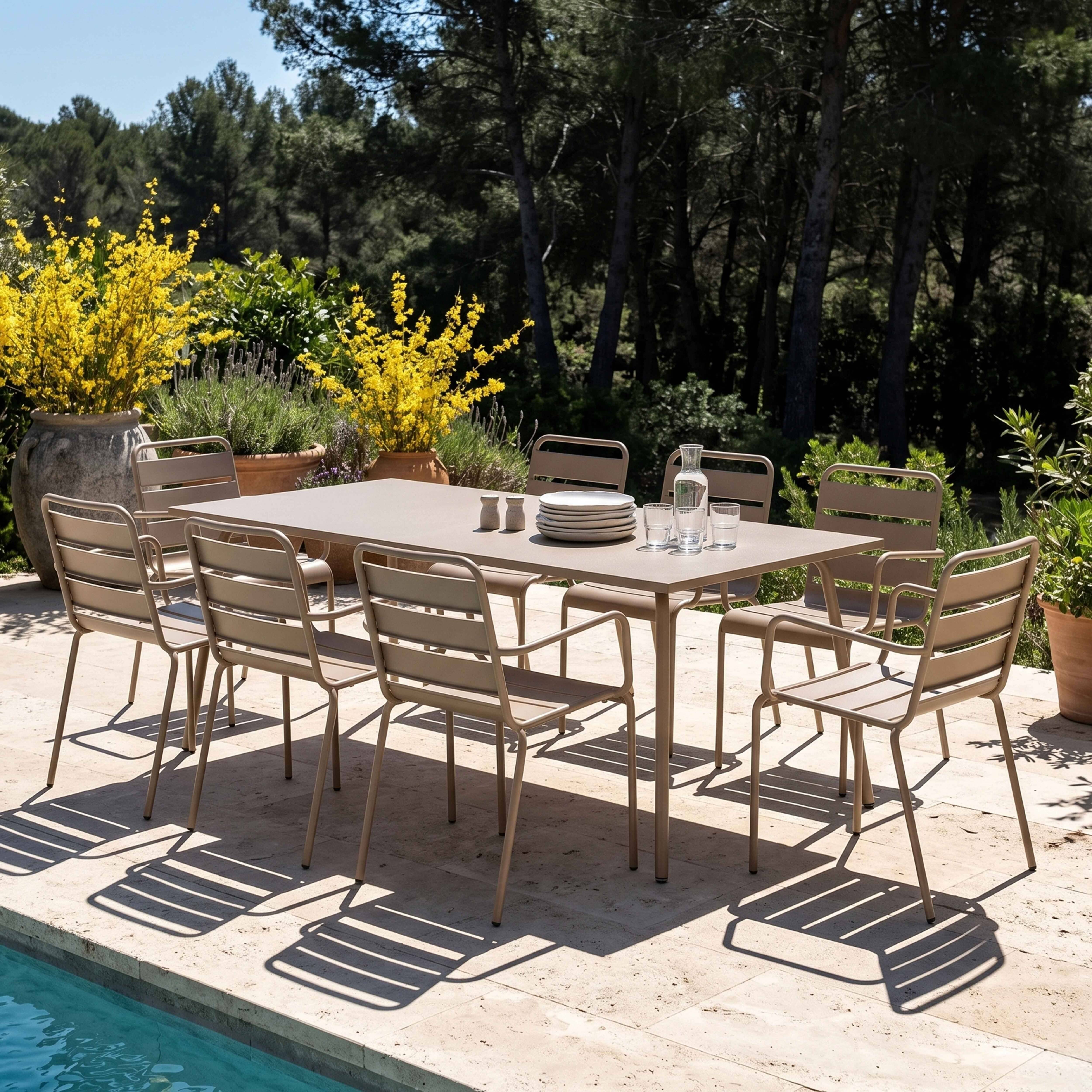 Oviala - Ensemble table de jardin et 8 fauteuils en métal taupe Palavas - Oviala - Imagen 2