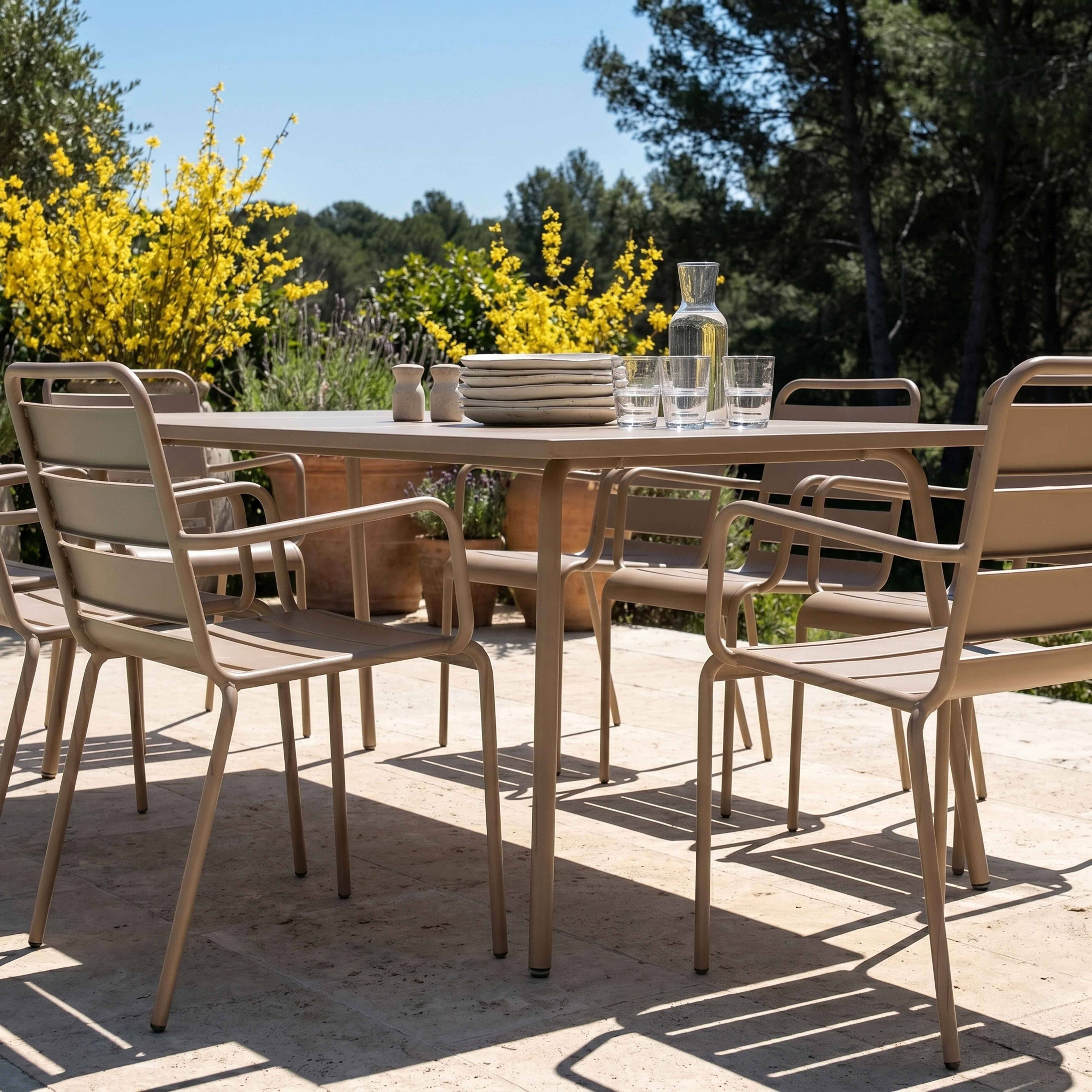 Oviala - Ensemble table de jardin et 8 fauteuils en métal taupe Palavas - Oviala - Imagen 4