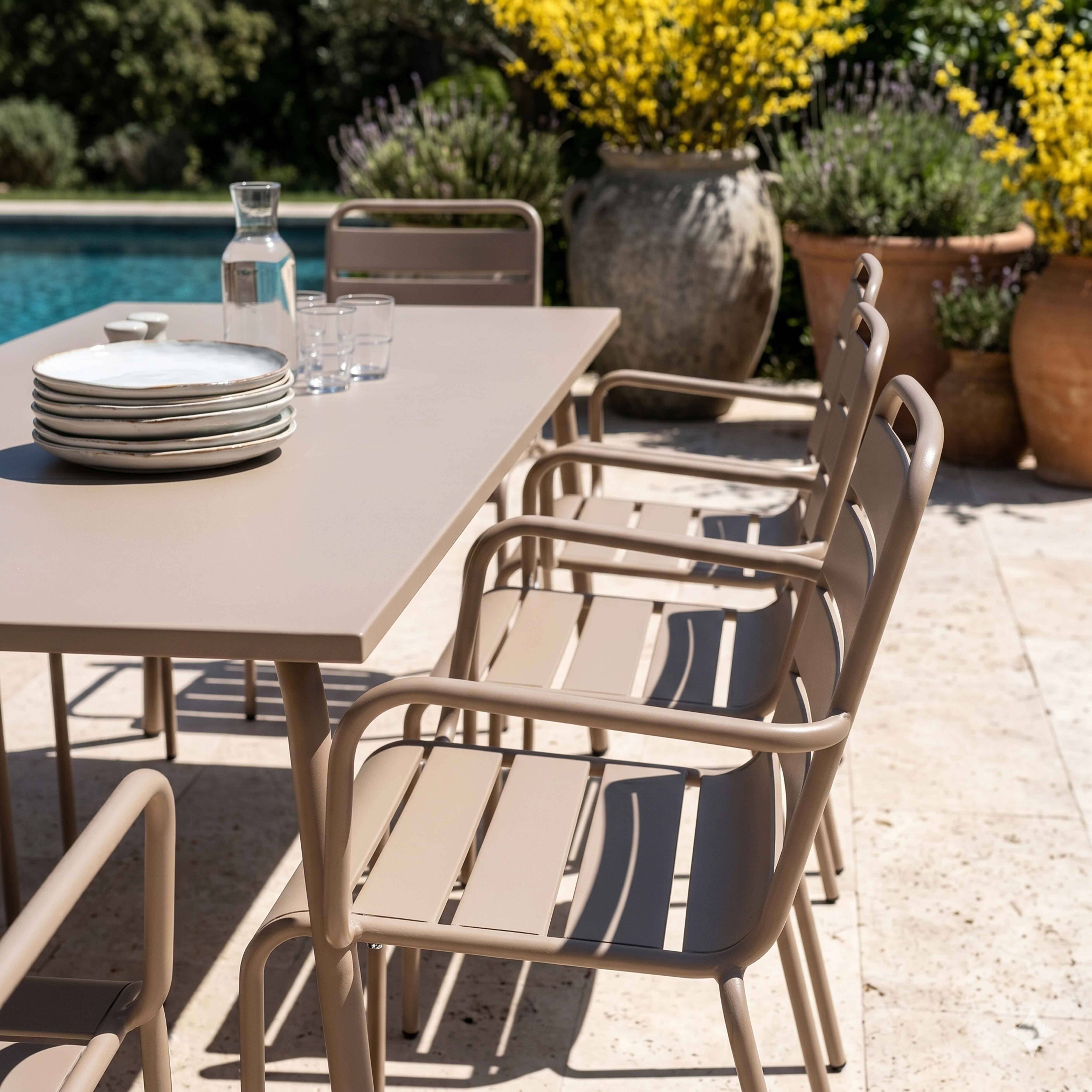 Oviala - Ensemble table de jardin et 8 fauteuils en métal taupe Palavas - Oviala - Imagen 3