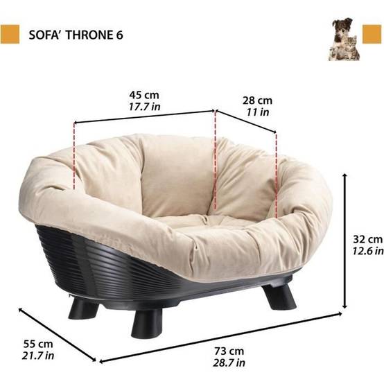 Ferplast - Panier pour chien ovale Ferplast SOFA THRONE 6, plastique noir anti-dérapant, coussin beige, 73 x 55 x 32 cm - FERPLAST - Image 8