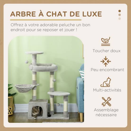 Arbre à chat sisal et peluche gris clair 65 x 30 x 104 cm - PANGIVO - Image 6