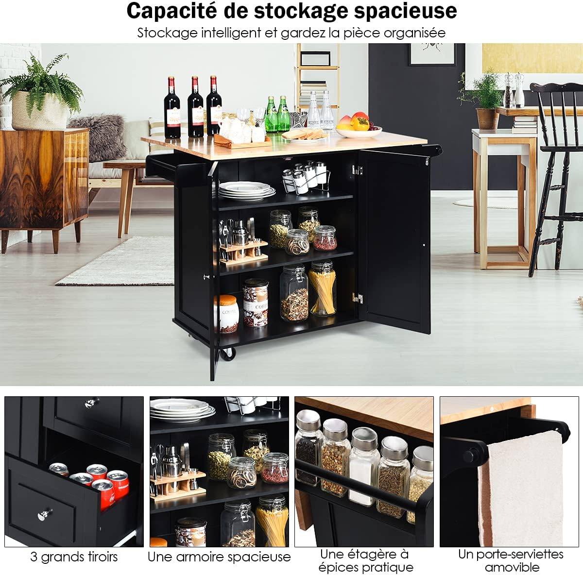 Desserte sur roulettes service de cuisine avec plans de travail rabattable 135 x 76 x 91 cm - Image 3