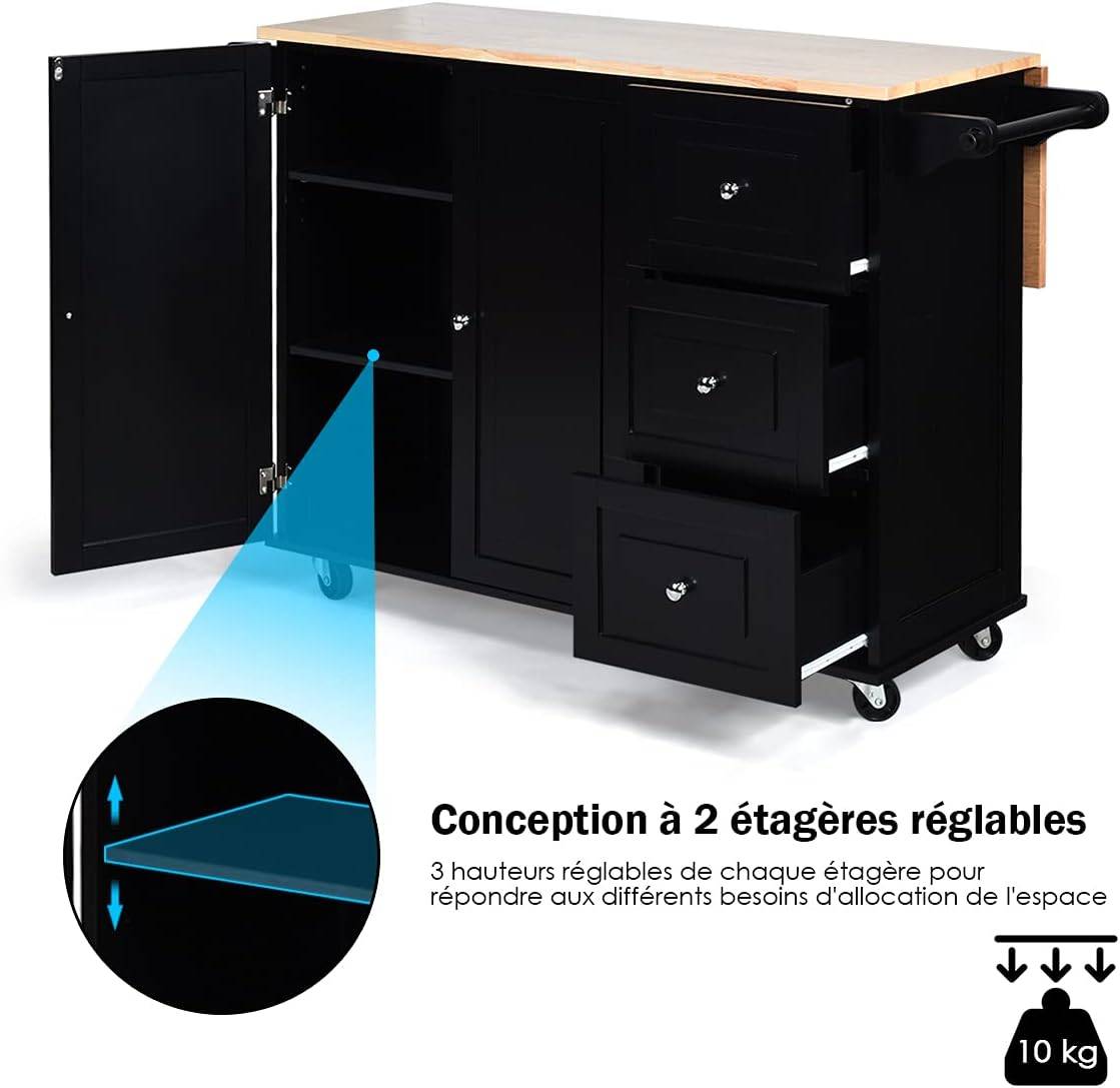 Desserte sur roulettes service de cuisine avec plans de travail rabattable 135 x 76 x 91 cm - Image 4