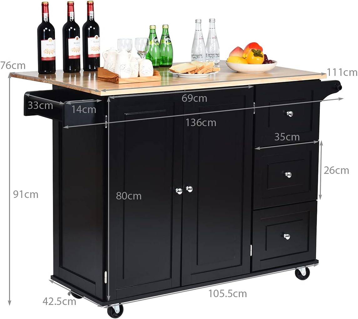 Desserte sur roulettes service de cuisine avec plans de travail rabattable 135 x 76 x 91 cm - Image 5