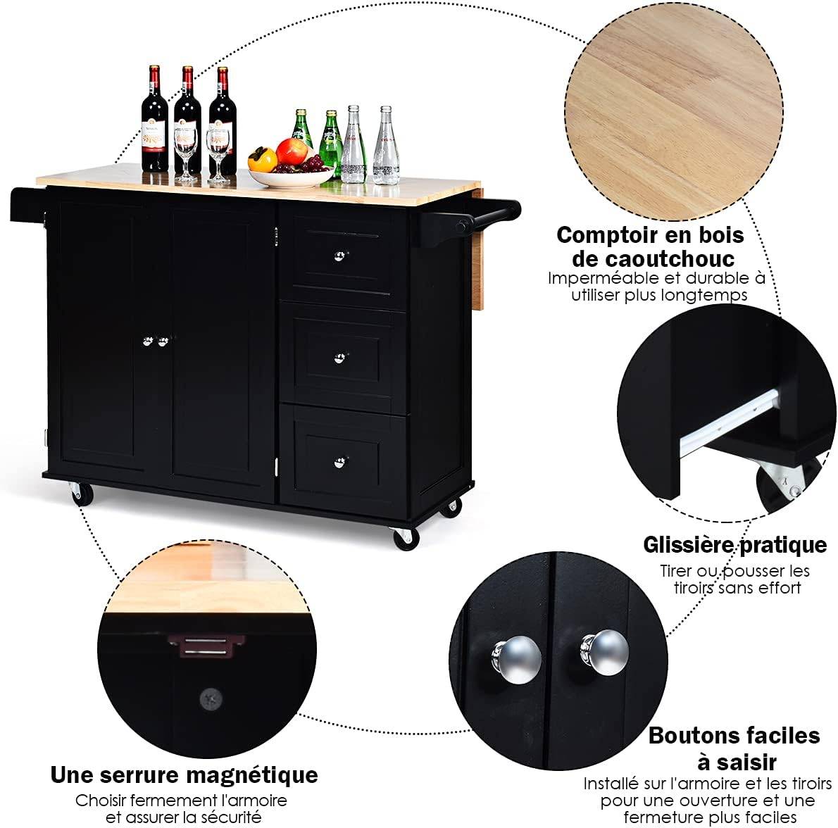 Desserte sur roulettes service de cuisine avec plans de travail rabattable 135 x 76 x 91 cm - Image 2