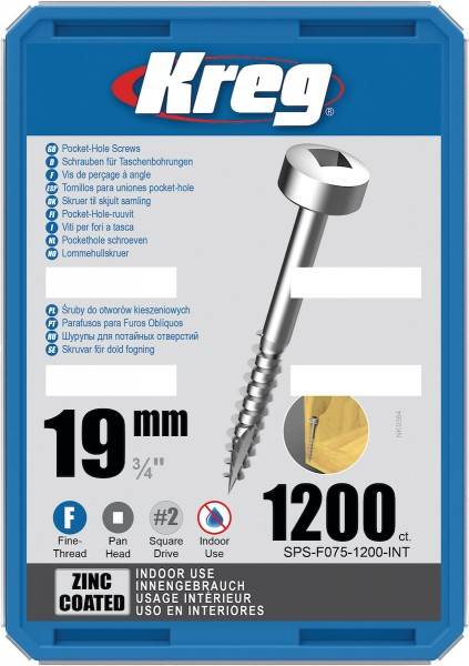 Vis à trous de poche Kreg Revêtu de Zinc Pan-Head, Filetage fin - KREG - SPS-F075-1200-INT