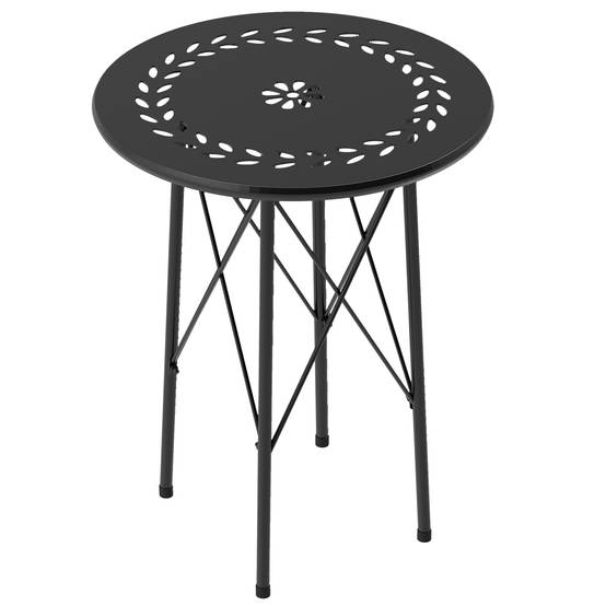 Table de jardin ronde style bistrot en acier à motif floral, utilisable intérieur et extérieur, couleur noire - Image 1