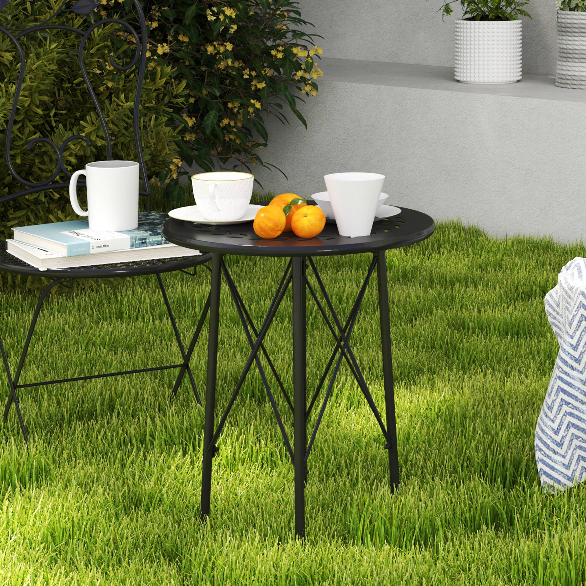 Table de jardin ronde style bistrot en acier à motif floral, utilisable intérieur et extérieur, couleur noire - Image 9