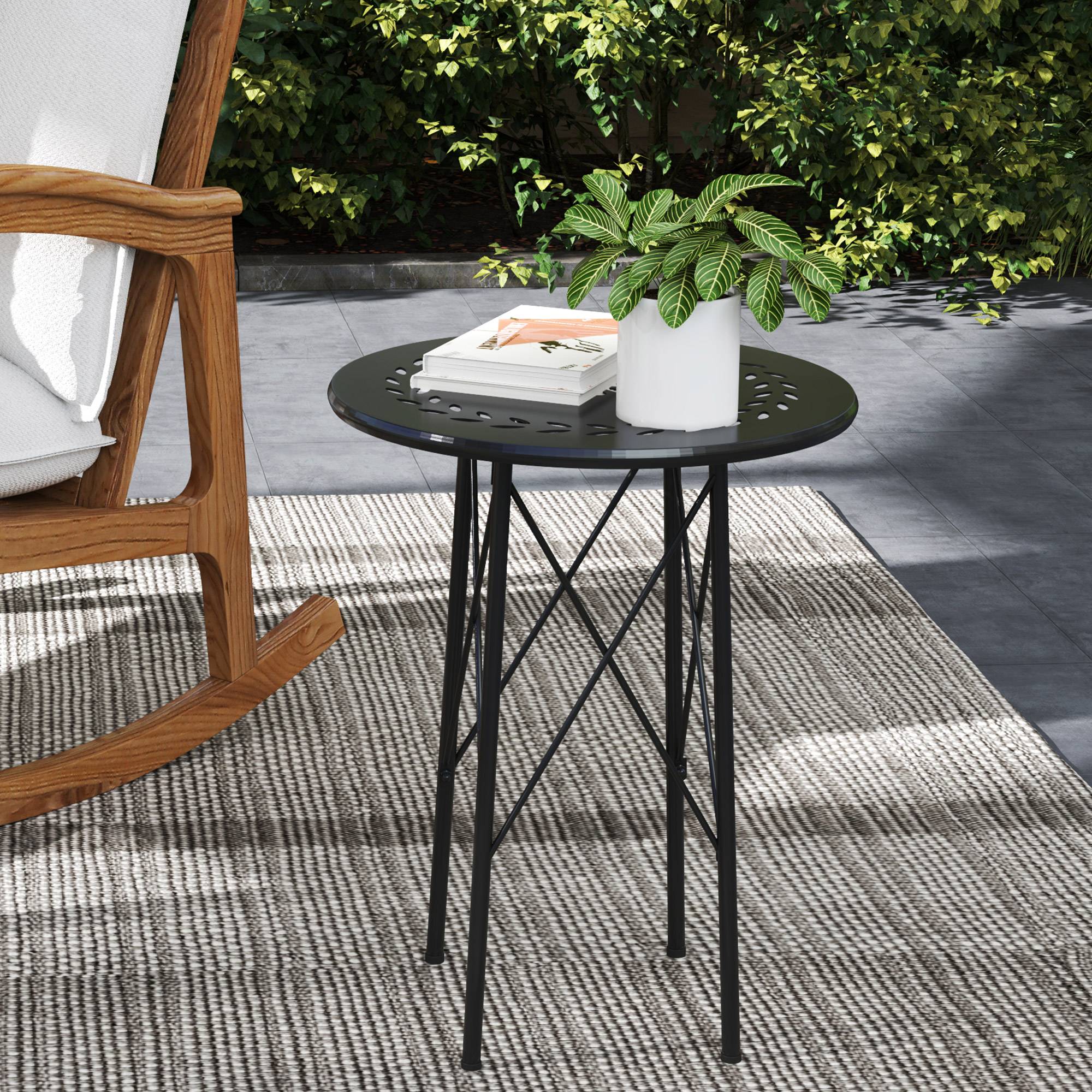 Table de jardin ronde style bistrot en acier à motif floral, utilisable intérieur et extérieur, couleur noire - Image 2