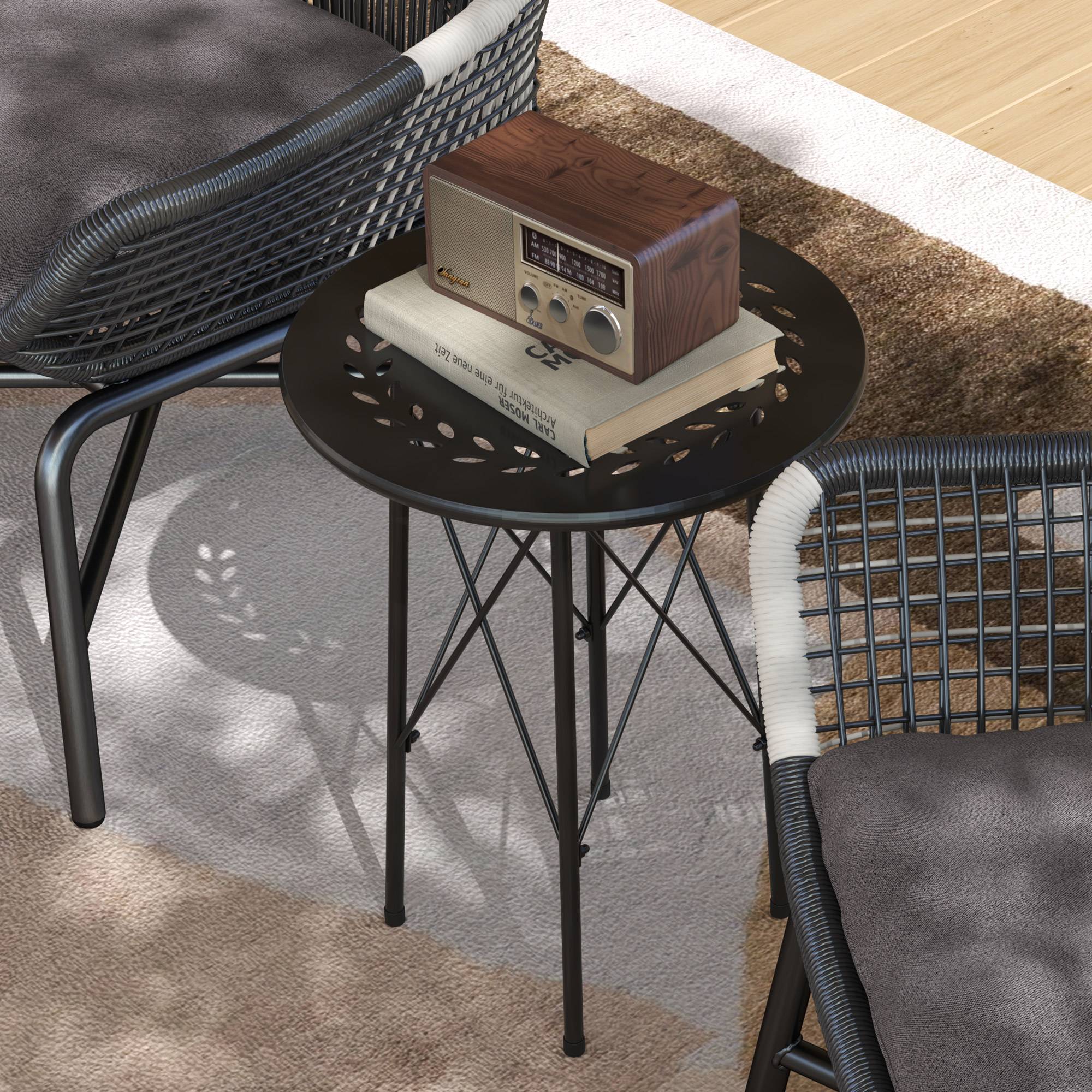 Table de jardin ronde style bistrot en acier à motif floral, utilisable intérieur et extérieur, couleur noire - Image 8
