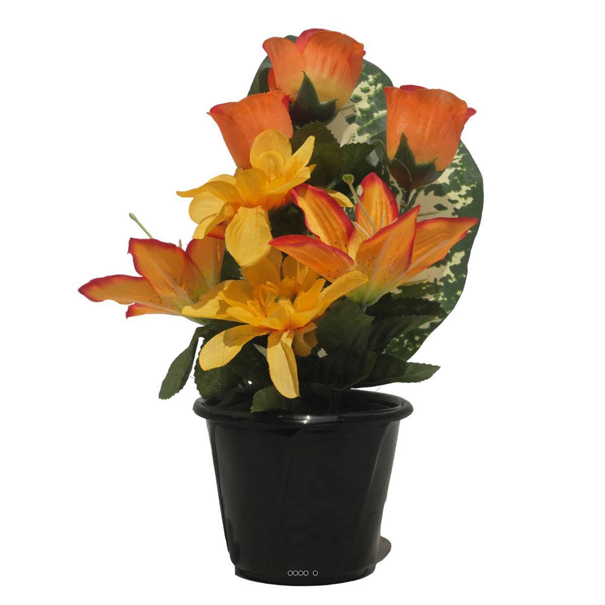 Pot pour la Tombe de Dahlias, Lys tigrés et Boutons de Rose artificiels Orange - couleur: Orange - Image 1