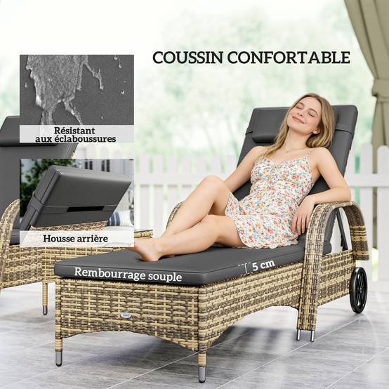 Lot 2 transats jardin résine tressée inclinables table basse 200x73x103cm gris foncé - ComfortXL Outdoor Living - Image 9