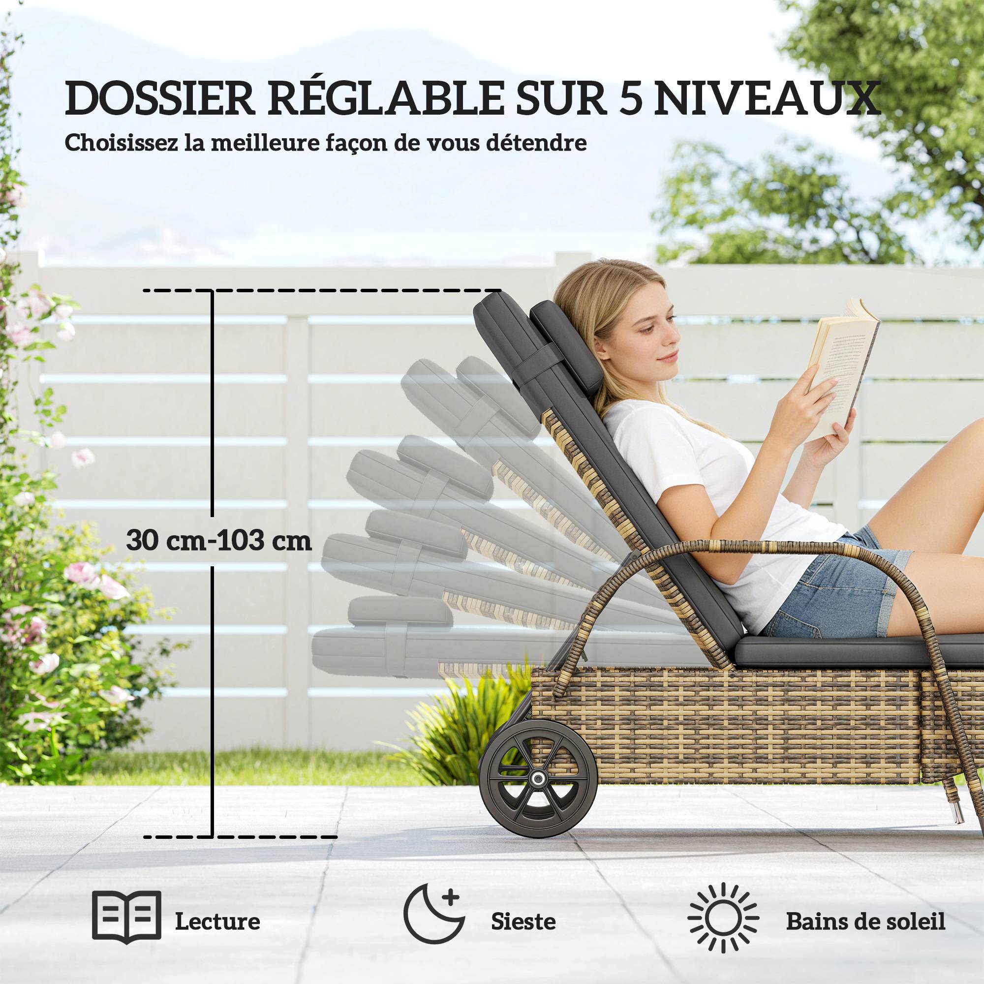 Lot 2 transats jardin résine tressée inclinables table basse 200x73x103cm gris foncé - ComfortXL Outdoor Living - Image 6