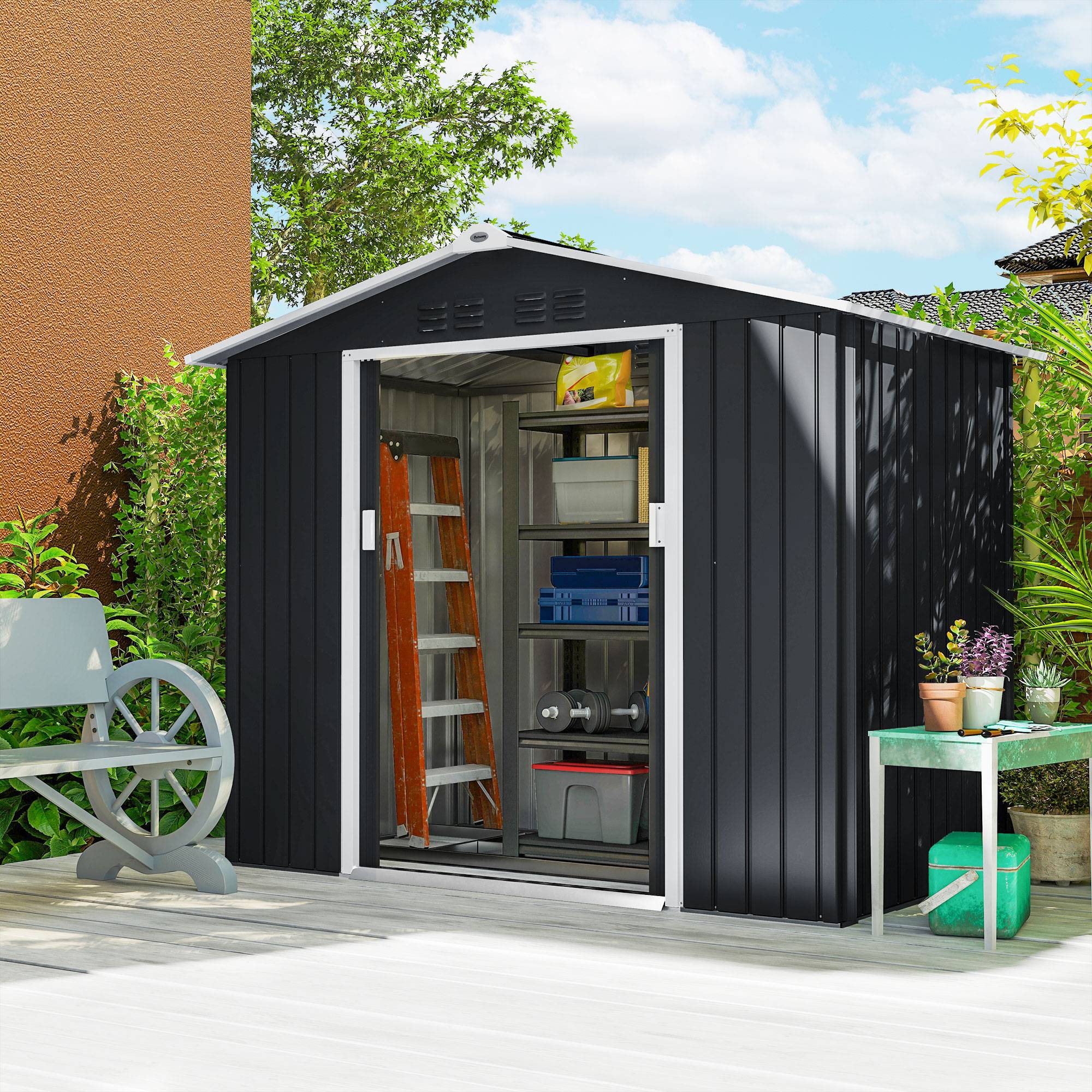 Abri de jardin en métal 2,77 m² cabane de jardin 213 x 130 x 185 cm avec fondation, porte coulissante gris foncé - Image 10