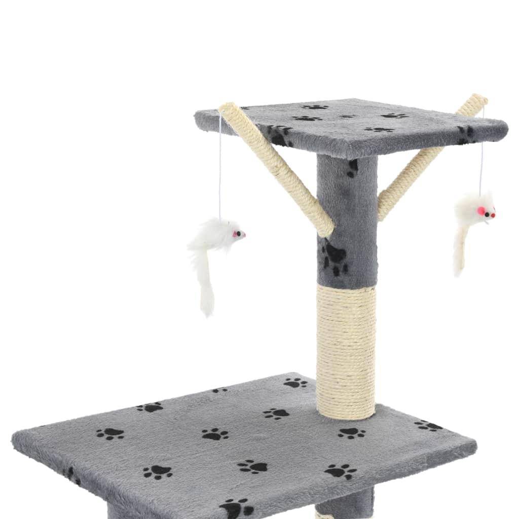 Helloshop26 - Arbre à chat griffoir grattoir niche jouet animaux peluché en sisal 138 cm gris motif de pattes - Imagen 6