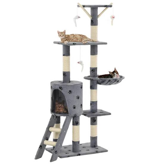 Helloshop26 - Arbre à chat griffoir grattoir niche jouet animaux peluché en sisal 138 cm gris motif de pattes - Image 1