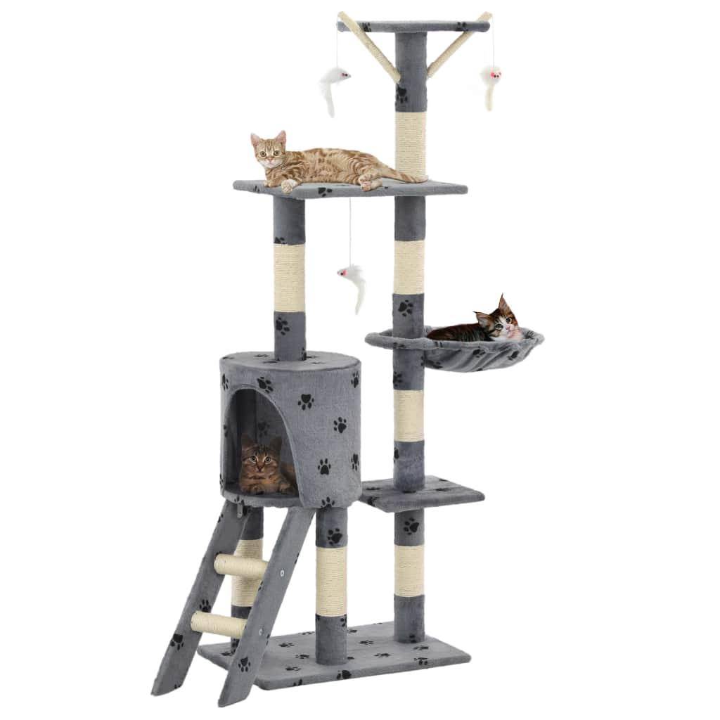 Helloshop26 - Arbre à chat griffoir grattoir niche jouet animaux peluché en sisal 138 cm gris motif de pattes - Imagen 1