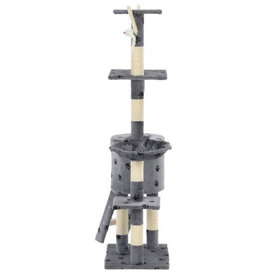Helloshop26 - Arbre à chat griffoir grattoir niche jouet animaux peluché en sisal 138 cm gris motif de pattes - Image 5