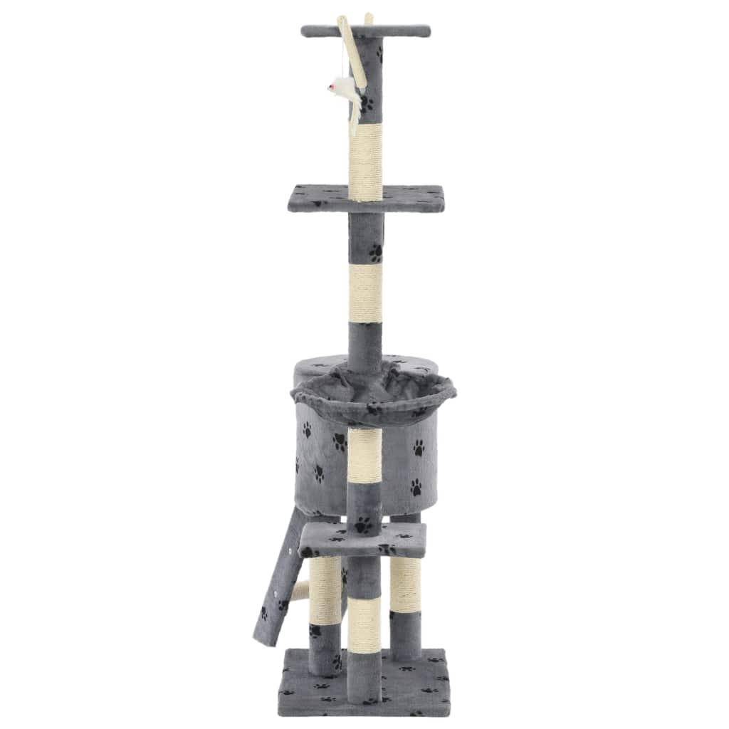 Helloshop26 - Arbre à chat griffoir grattoir niche jouet animaux peluché en sisal 138 cm gris motif de pattes - Imagen 5