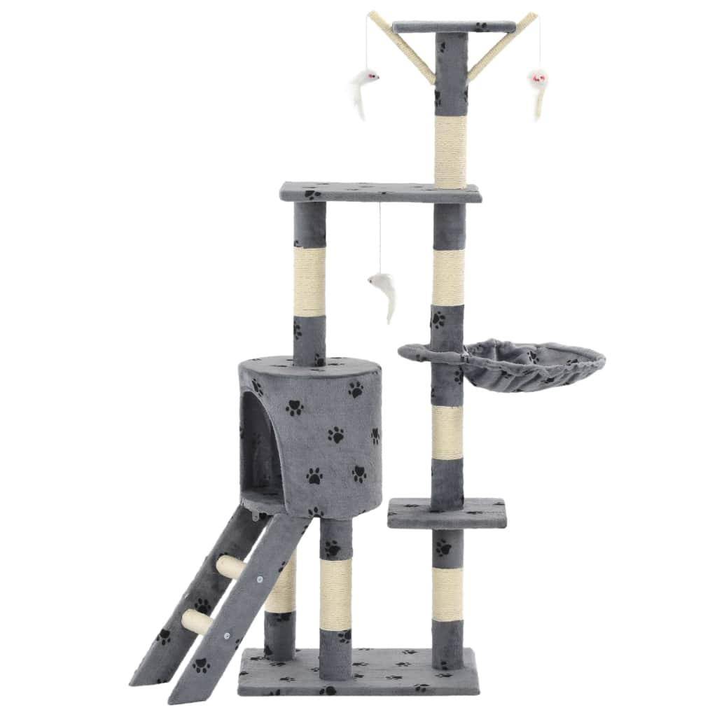 Helloshop26 - Arbre à chat griffoir grattoir niche jouet animaux peluché en sisal 138 cm gris motif de pattes - Imagen 3