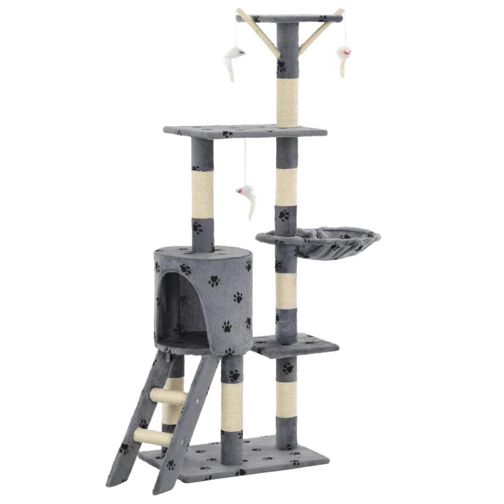Helloshop26 - Arbre à chat griffoir grattoir niche jouet animaux peluché en sisal 138 cm gris motif de pattes - Imagen 2