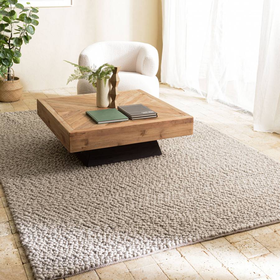 Macabane - QUENTIN - Tapis rectangulaire 200x290cm en laine bouclée taupe - Imagen 2