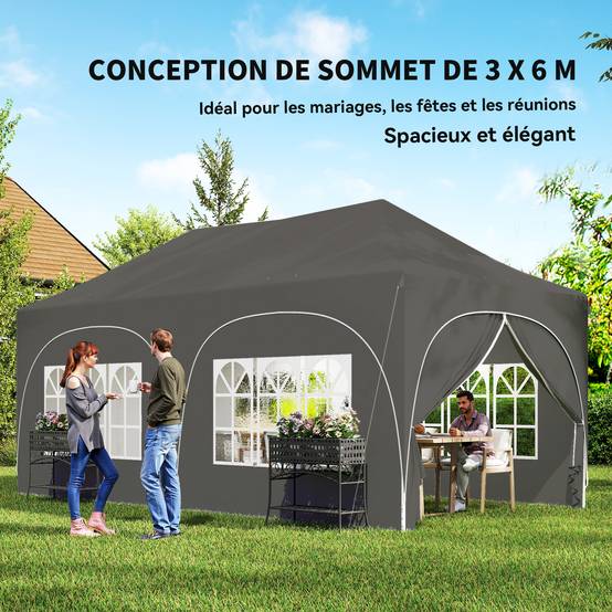 Tonnelle pliante barnum imperméable anti-UV 6 parois latérales 6 sacs de sable 12 trous de drainage 3x6m gris - Image 6