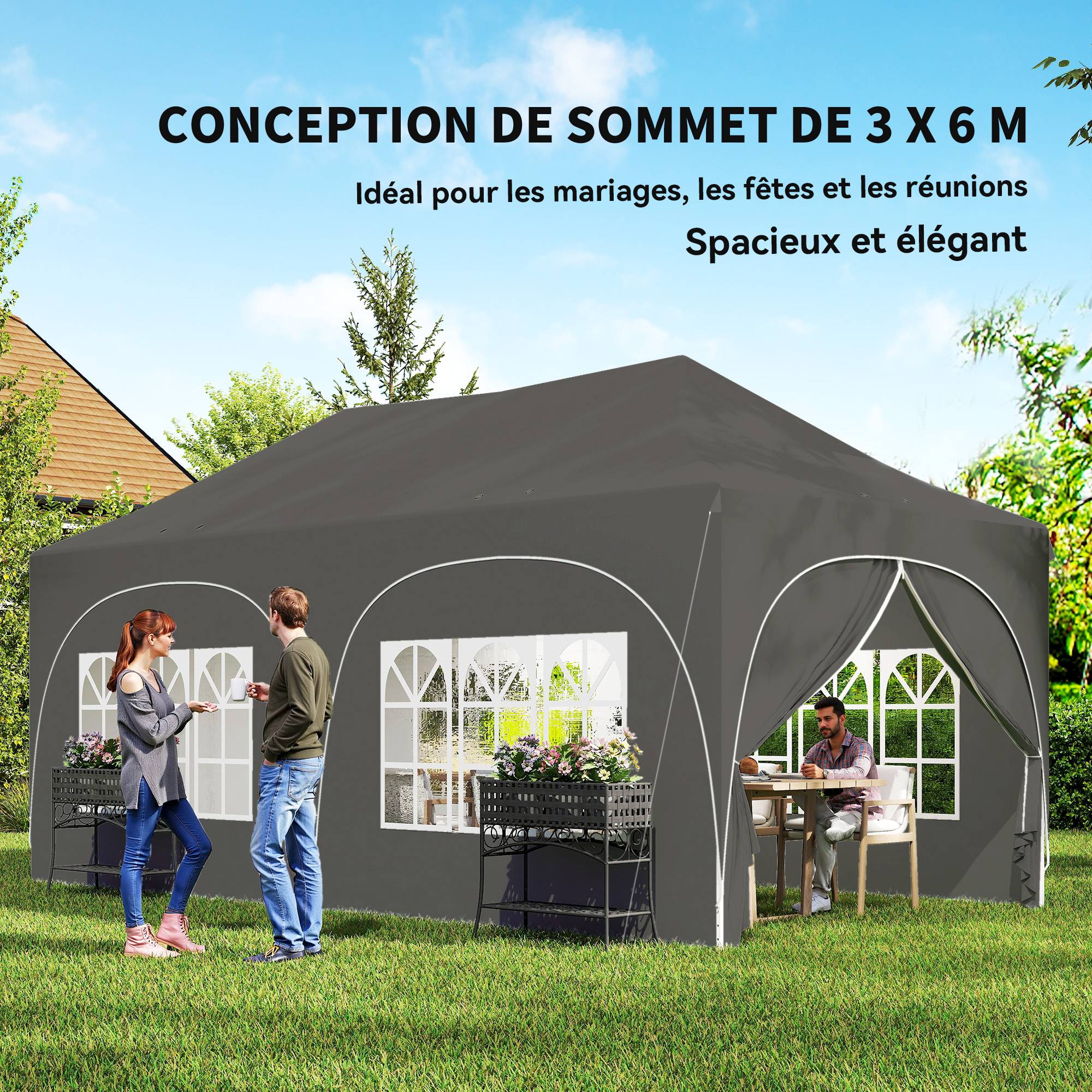 Tonnelle pliante barnum imperméable anti-UV  6 parois latérales 6 sacs de sable 12 trous de drainage 3x6m gris - Image 6