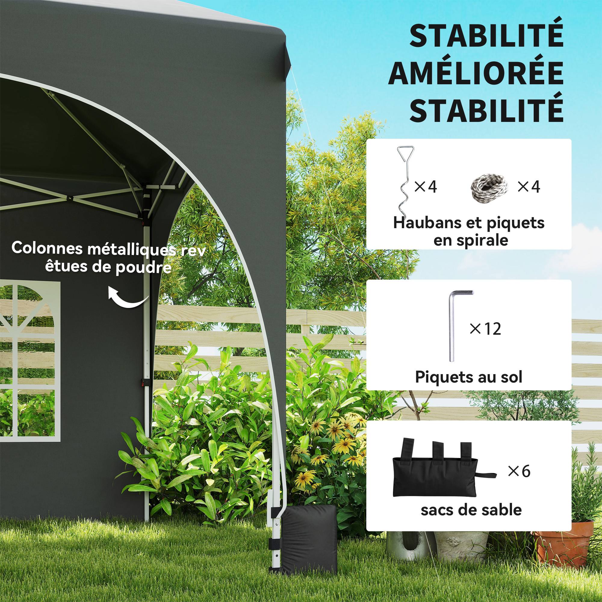 Tonnelle pliante barnum imperméable anti-UV  6 parois latérales 6 sacs de sable 12 trous de drainage 3x6m gris - Image 7