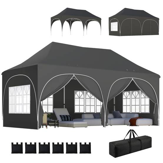 Tonnelle pliante barnum imperméable anti-UV 6 parois latérales 6 sacs de sable 12 trous de drainage 3x6m gris - Image 1