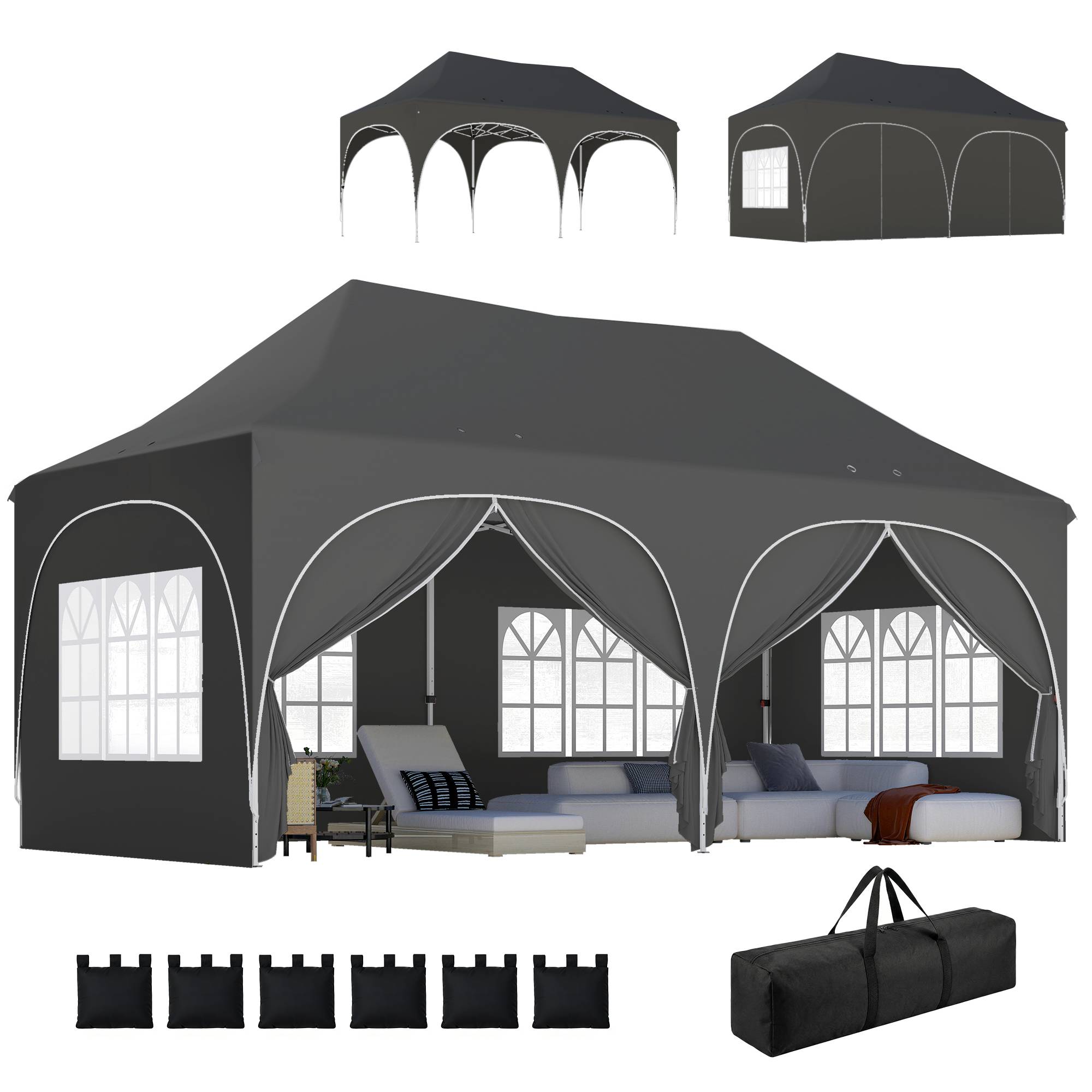 Tonnelle pliante barnum imperméable anti-UV  6 parois latérales 6 sacs de sable 12 trous de drainage 3x6m gris