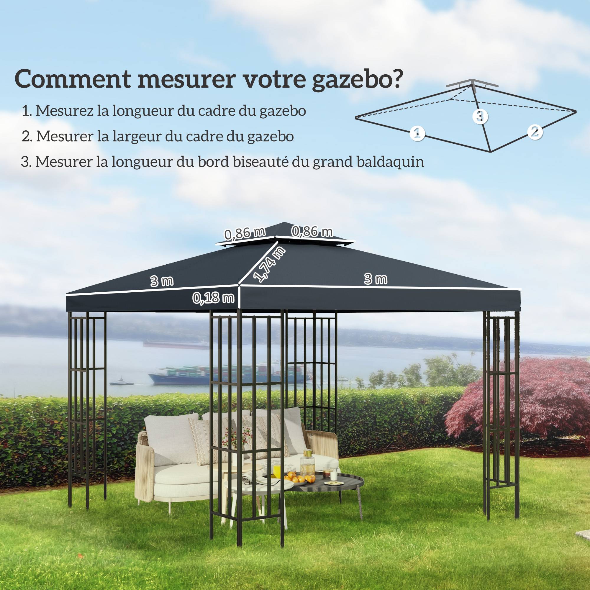 Outsunny - Toit de Remplacement Toile pour Gazebo Pavillon Tonnelle Tente 3x3m Gris foncé - Outsunny - Image 3