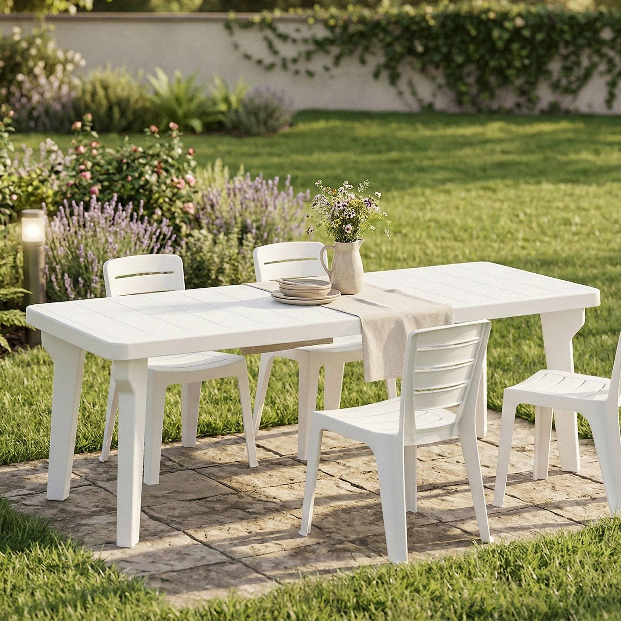 Dmora - Table d'extérieur Dhristo, Etagère rectangulaire, Table de jardin ou de bar extensible, 100% Made in Italy, 160-220x90h74 cm, Blanc - Dmora - Imagen 2