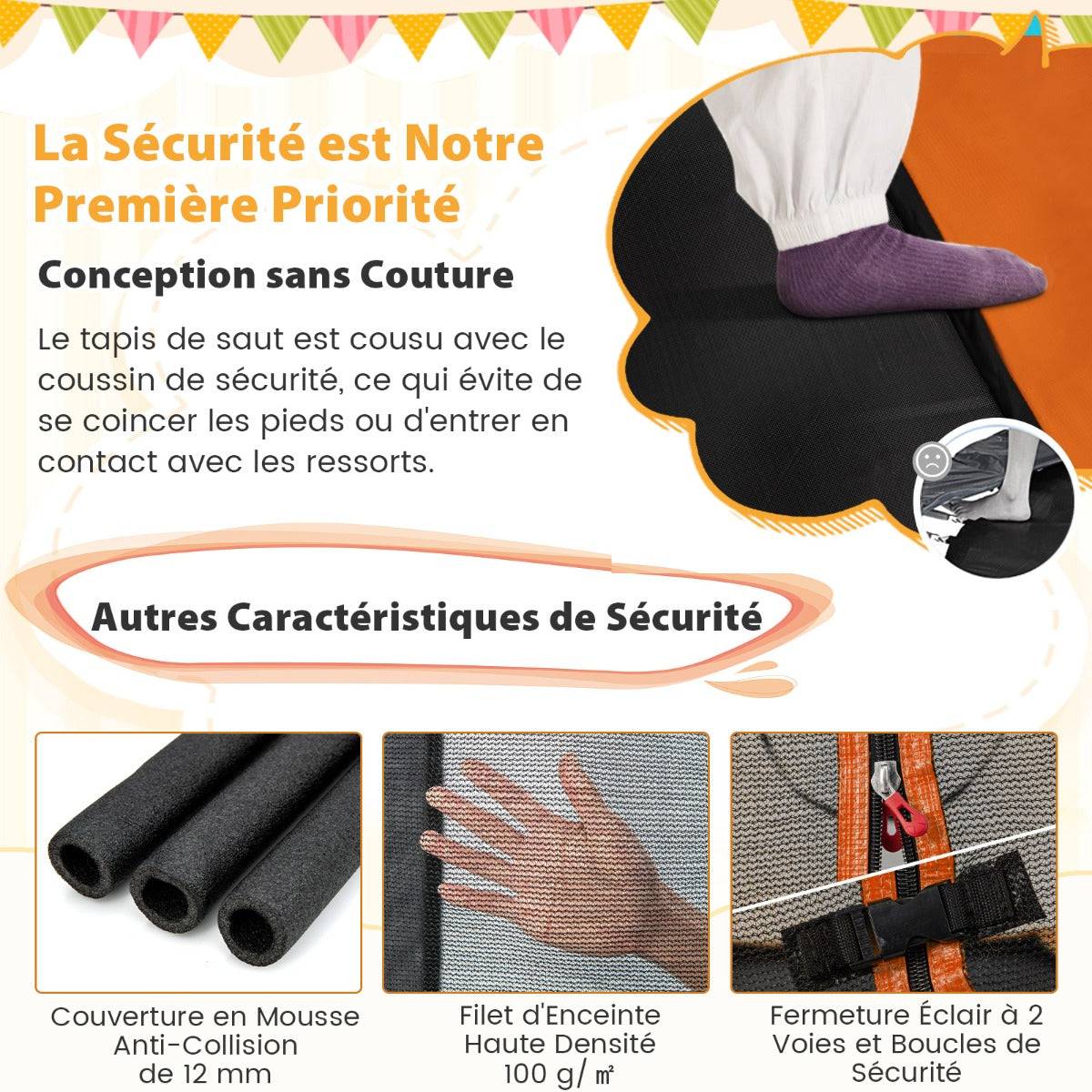 Helloshop26 - 2 en 1 trampoline enfants 190 x 122cm avec balançoire amovible trampoline de jardin avec filet de sécurité charge 100 kg pour 3 ans+ noir orange - Imagen 2